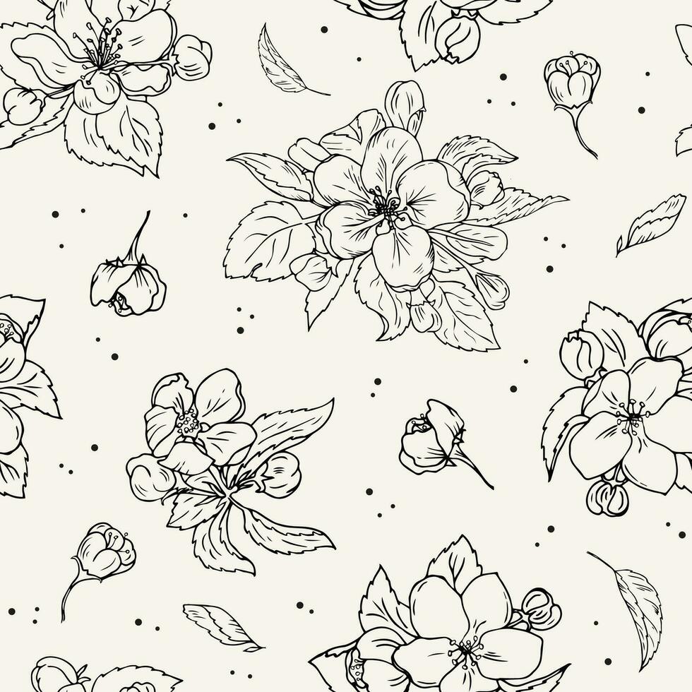 Seamless pattern of blooming apple or cherry tree. Linear hand-drawn vector background for textile, wrapping, wallpaper.