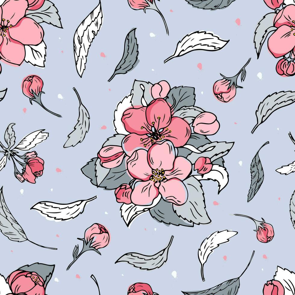Cherry flower seamless pattern. Watercolour female endless background for fabric, wrapping paper. Hand drawn vector botanic pattern.