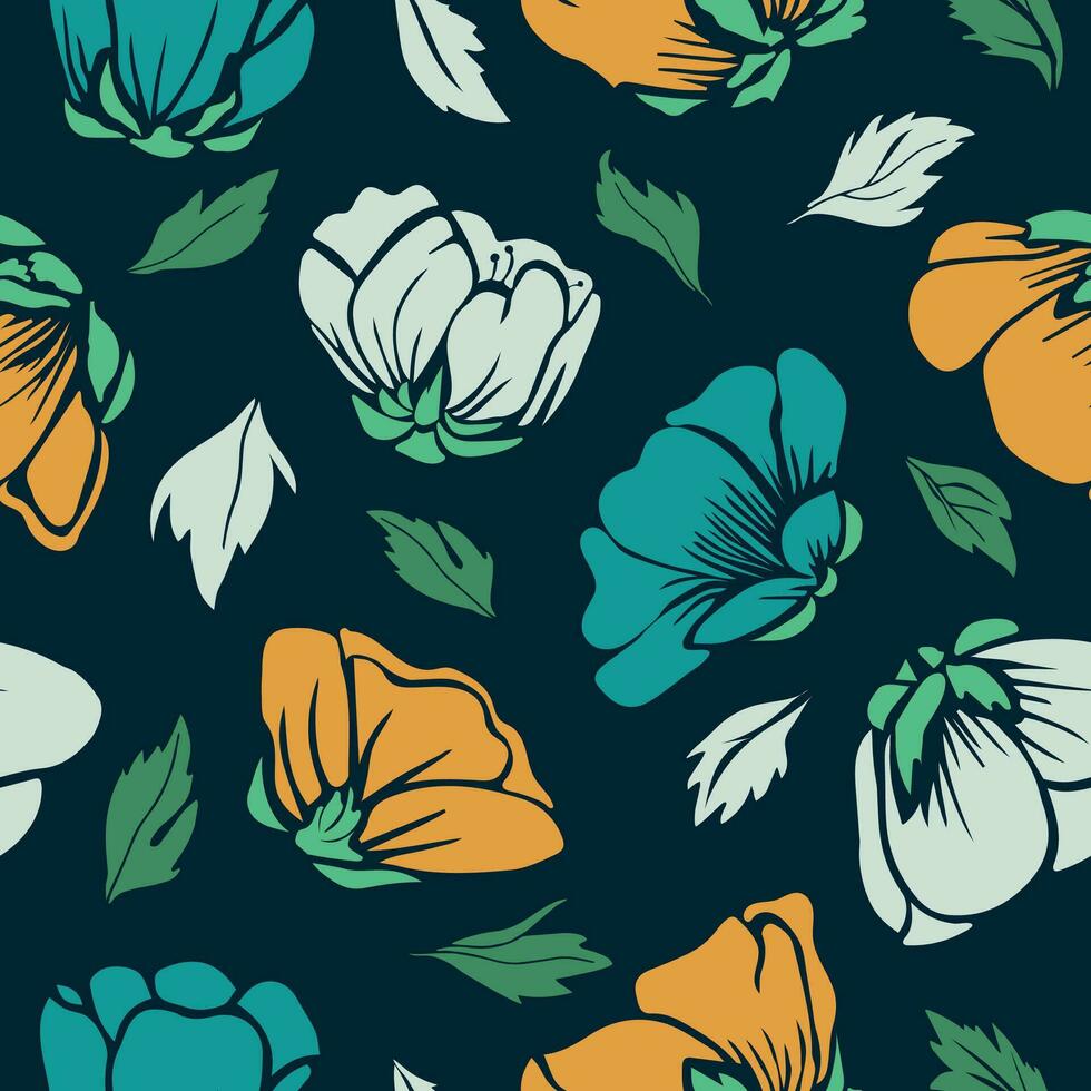 Seamless floral pattern for fashion, fabric, wallpaper. Green and yellow hand drawn buttercup flowers. Cute endless background with small colorful flower. vector