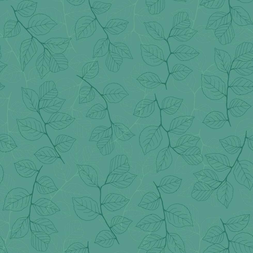 Seamless pattern with branches and leaves. Green background for textile, fabric. Floral hand-drawn vector backdrop.