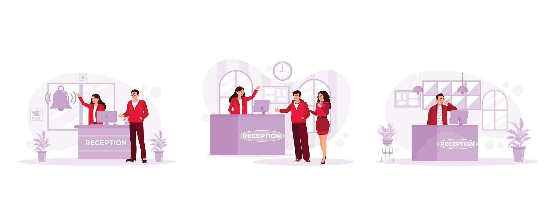 Hotel reception desk. Serving a pair of guests at the reception desk. The male receptionist answered the phone. Hotel Receptionist concept. Set Trend Modern vector flat illustration