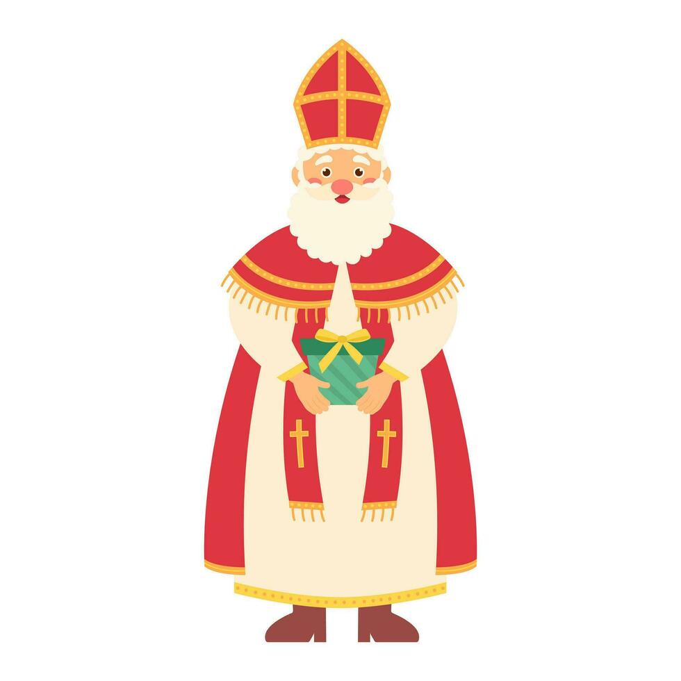 Saint Nicholas with a gift in his hands. Vector illustration.