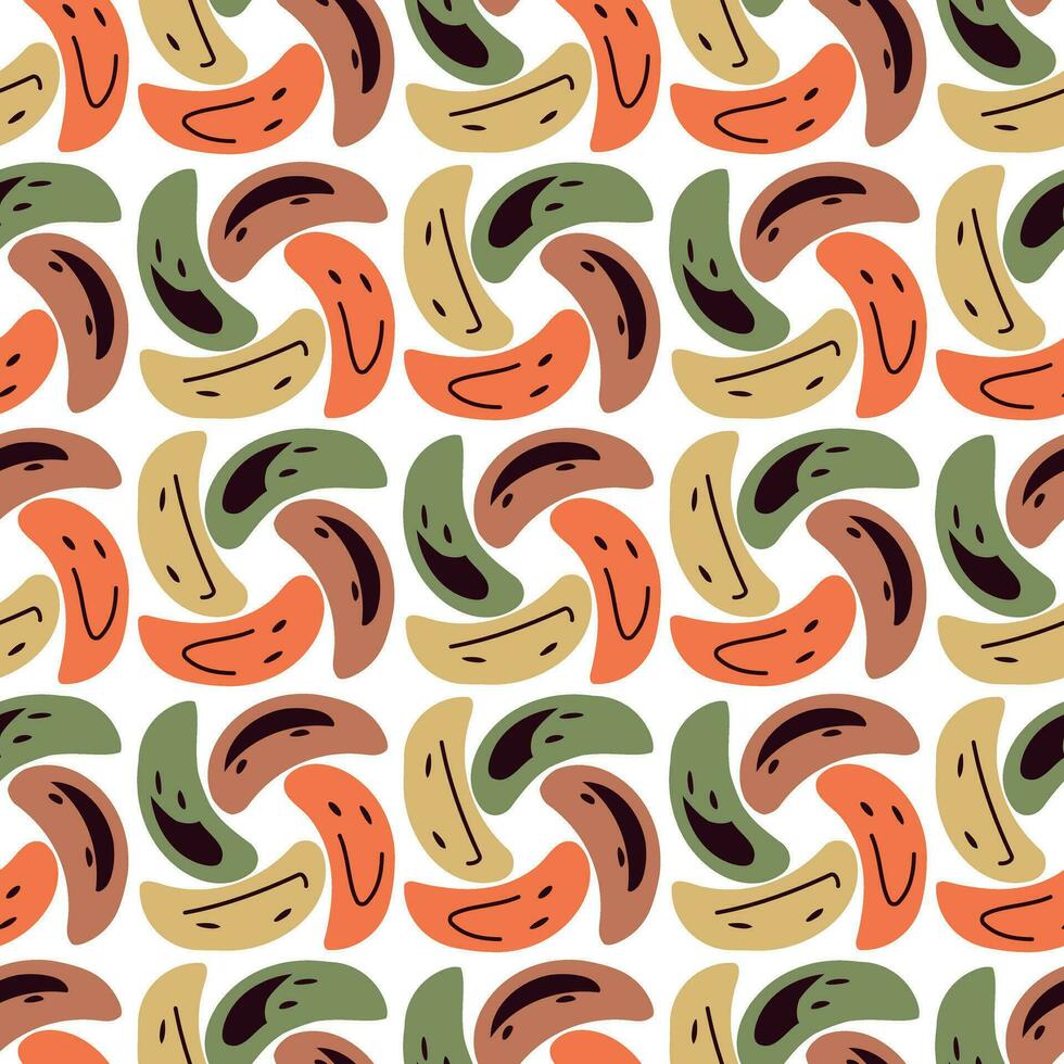 Retro illustration with a melting emoji emoji of the 70s for men, women and children. Seamless vector graphic illustration of distorted, twisting smiles. Texture for printing on textiles and paper
