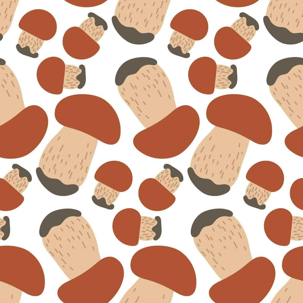 Vector seamless pattern with cep on a white background. Seamless texture, hand-drawn cartoon group of small and large mushrooms. Design template for textiles, wallpaper, print. cep bright hat