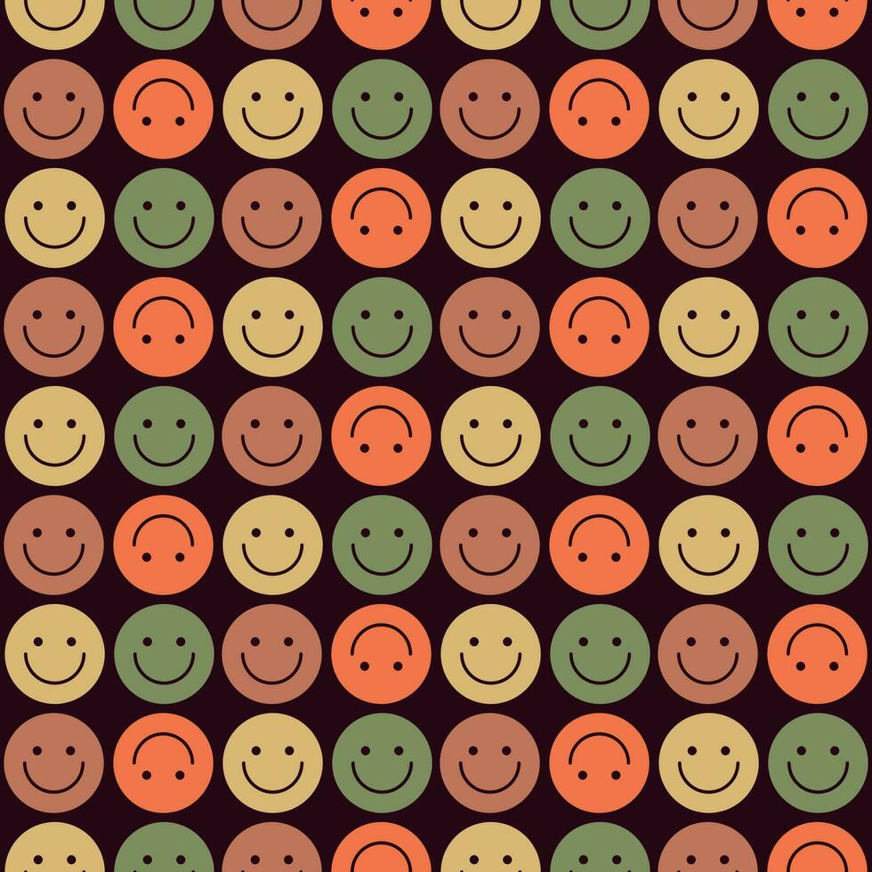 Seamless pattern of multicolored smiling retro faces on a brown background. Vector illustration for fun and happy designs. Smile, laugh, turn, crazy. Perfect for wallpaper, fabrics and backgrounds.