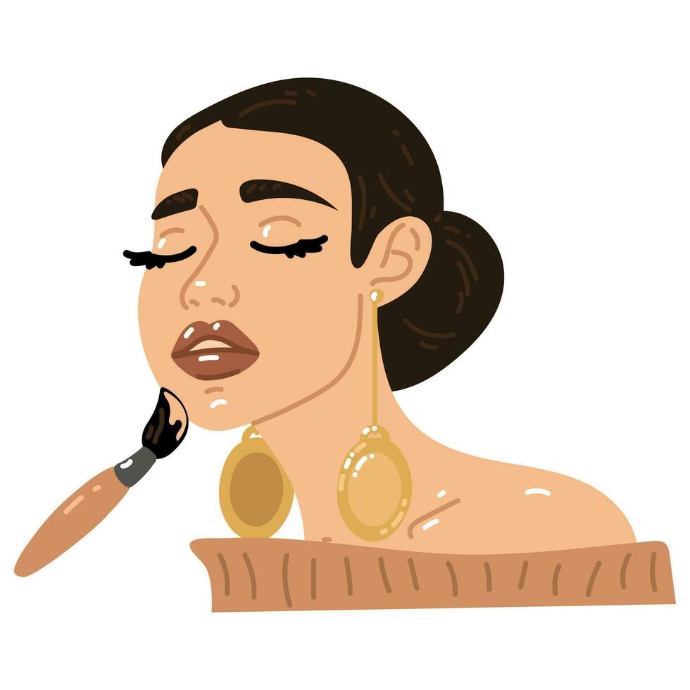 The girl is at the makeup artist, the brush is applying makeup. conceptual illustration in cartoon style. Natural, natural beauty. Cute girl with long earrings on makeup. Finishing touches, skin care vector