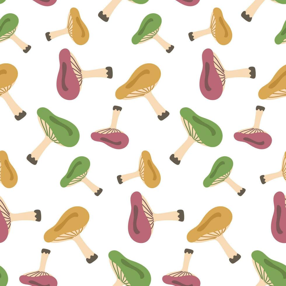 Pattern with colored russula on a white background. Yellow, green, purple cartoon big mushroom in different positions. Design template for textiles, wallpaper, print. russula on a seamless background vector