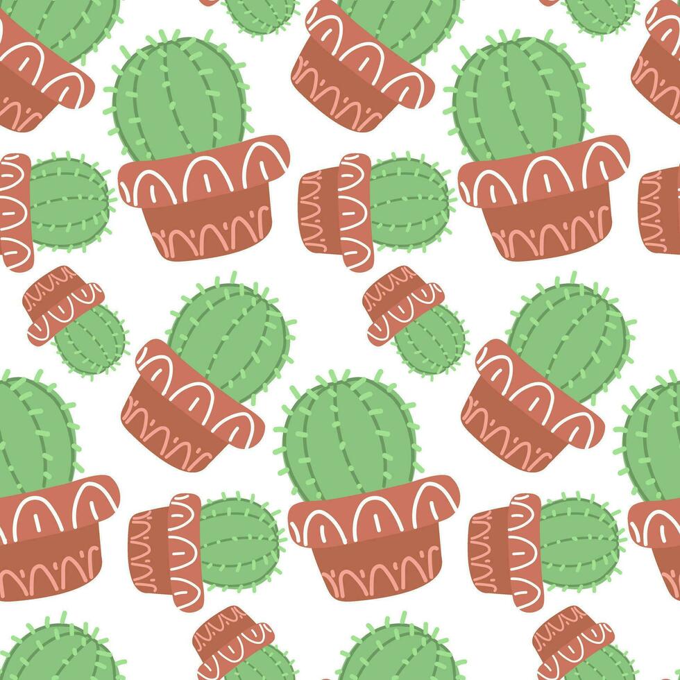 Cute seamless cactus pattern with plant pot on white background. Vector image of a round, prickly houseplant scattered rotated in different directions. Green cactus for printing on textiles and paper