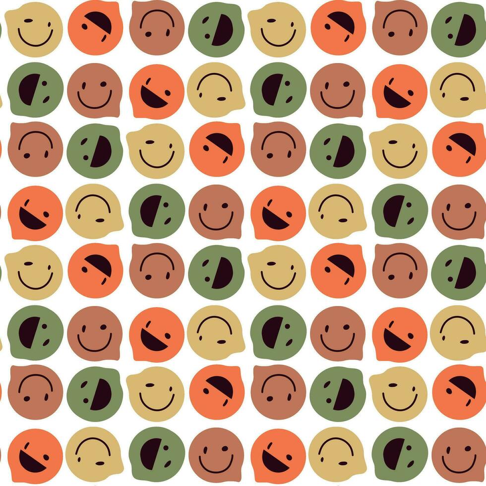 Retro illustration with a melting emoji of the 70s for printing. Seamless vector graphic illustration of distorted smiling elements. Repeating texture for printing on textiles and paper