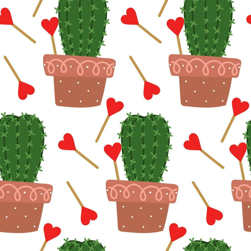 linda sin costura modelo de un cactus en un maceta con un corazón en un blanco. el vector imagen de un espinoso planta de casa es disperso, rotado en diferente direcciones. verde cactus para impresión en textiles, papel