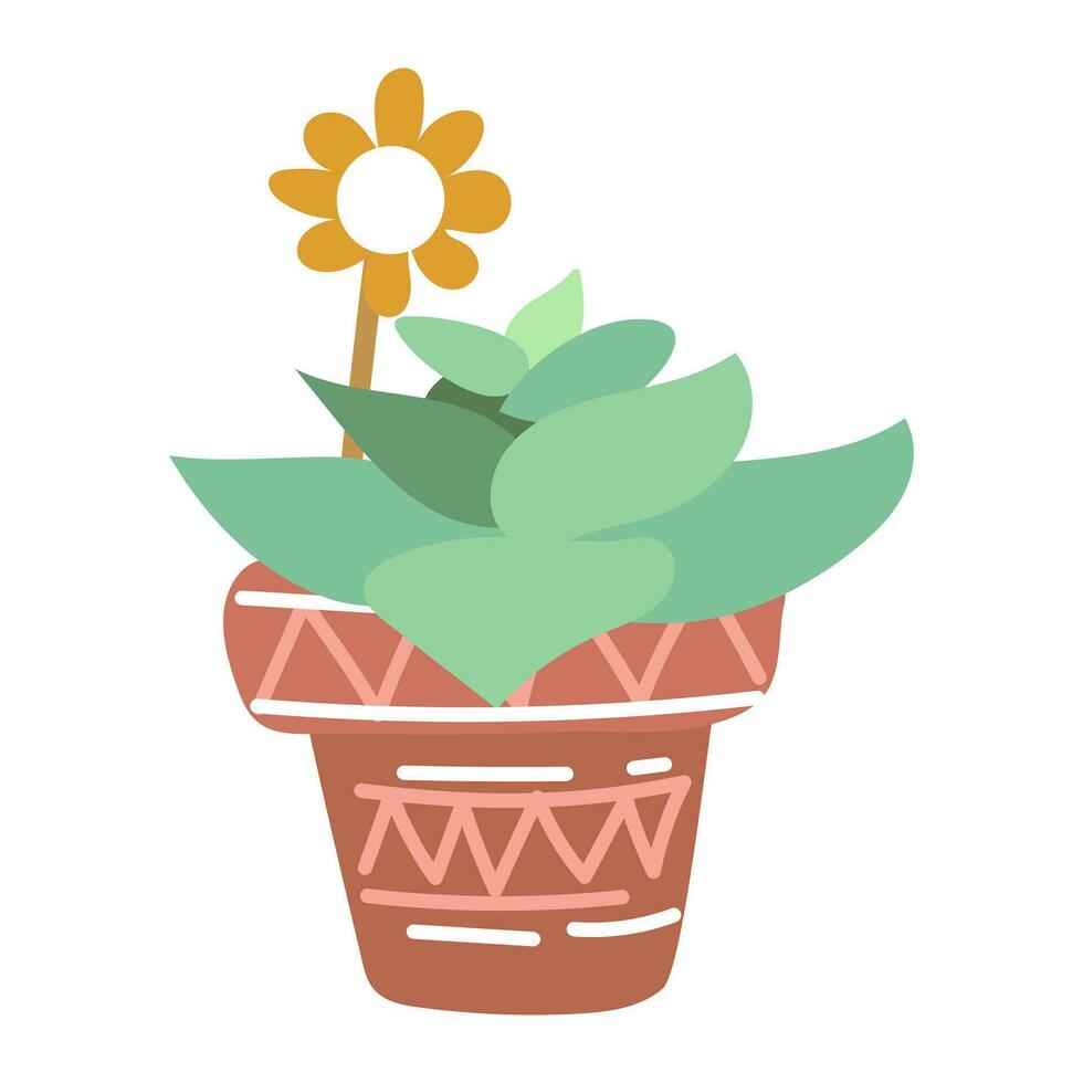 Cute juicy cactus in a pot with a flower on a stick. Isolated vector illustration of a petal cactus view. A prickly plant in a painted pot isolated on a white. Printing for stickers, postcards