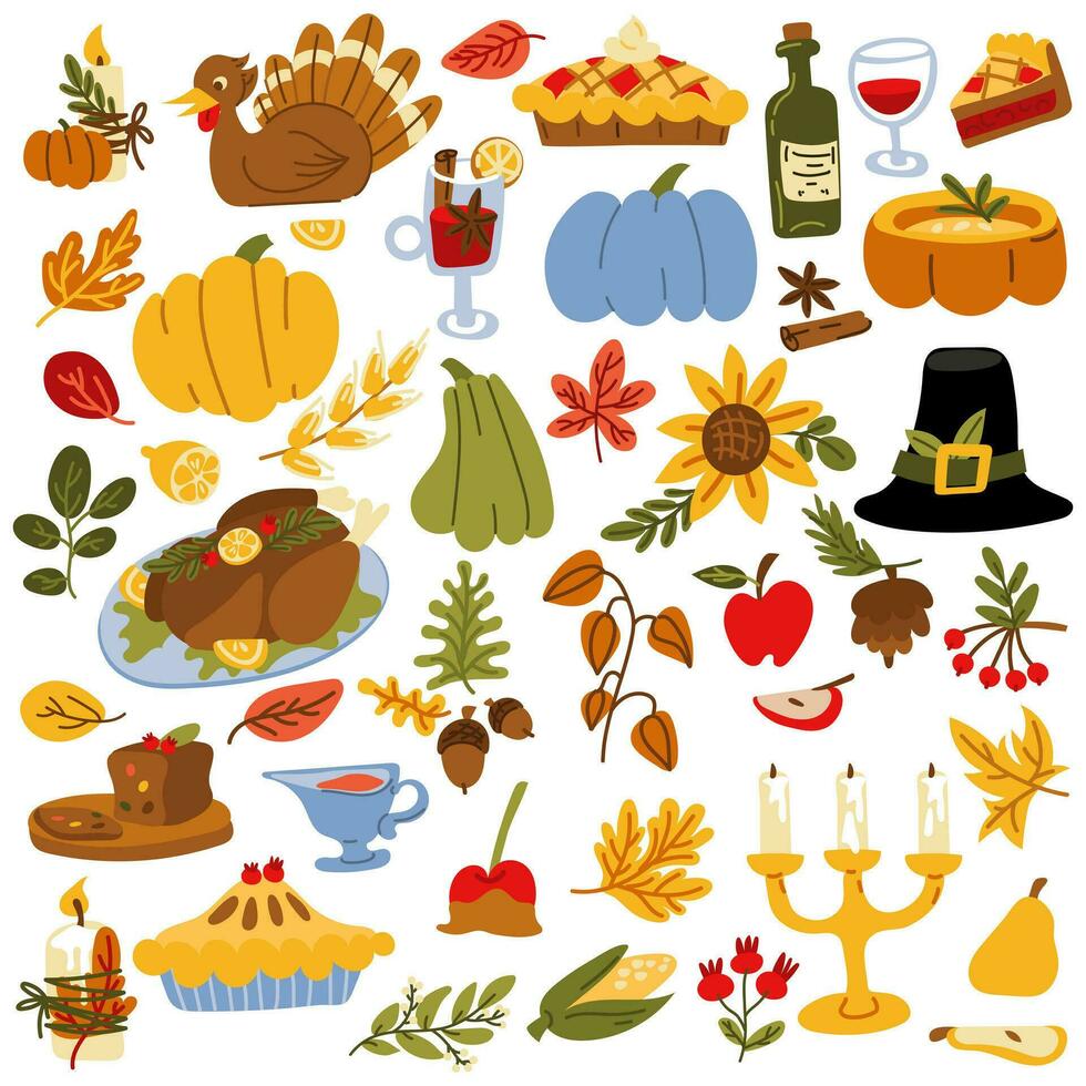 un grande brillante colección de artículos y recuerdos para acción de gracias. tradicional platos, ropa, decoración para el nacional americano otoño día festivo. plano elementos para el diseño de saludo tarjetas, pegatinas vector