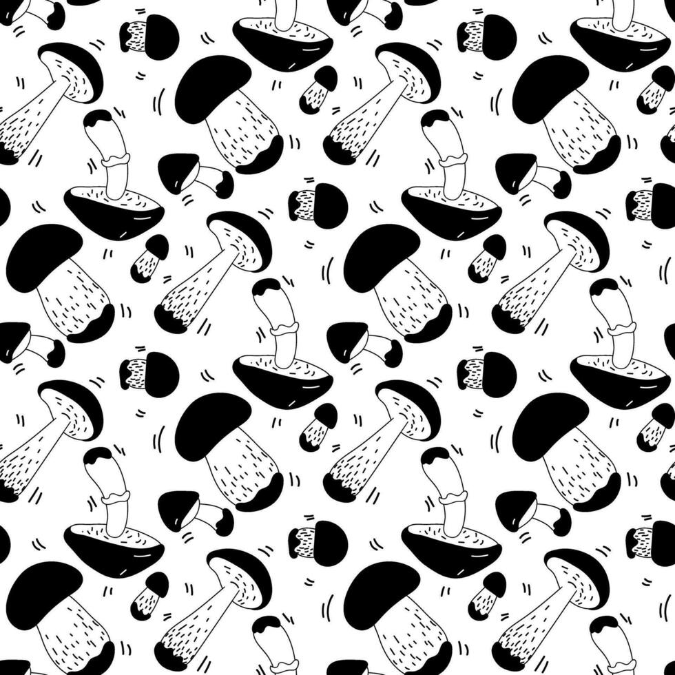 Vector linear seamless pattern with mushrooms and decor. A hand-drawn texture with small and large dense mushrooms highlighted on a white background. Botanical illustration of natural elements. forest
