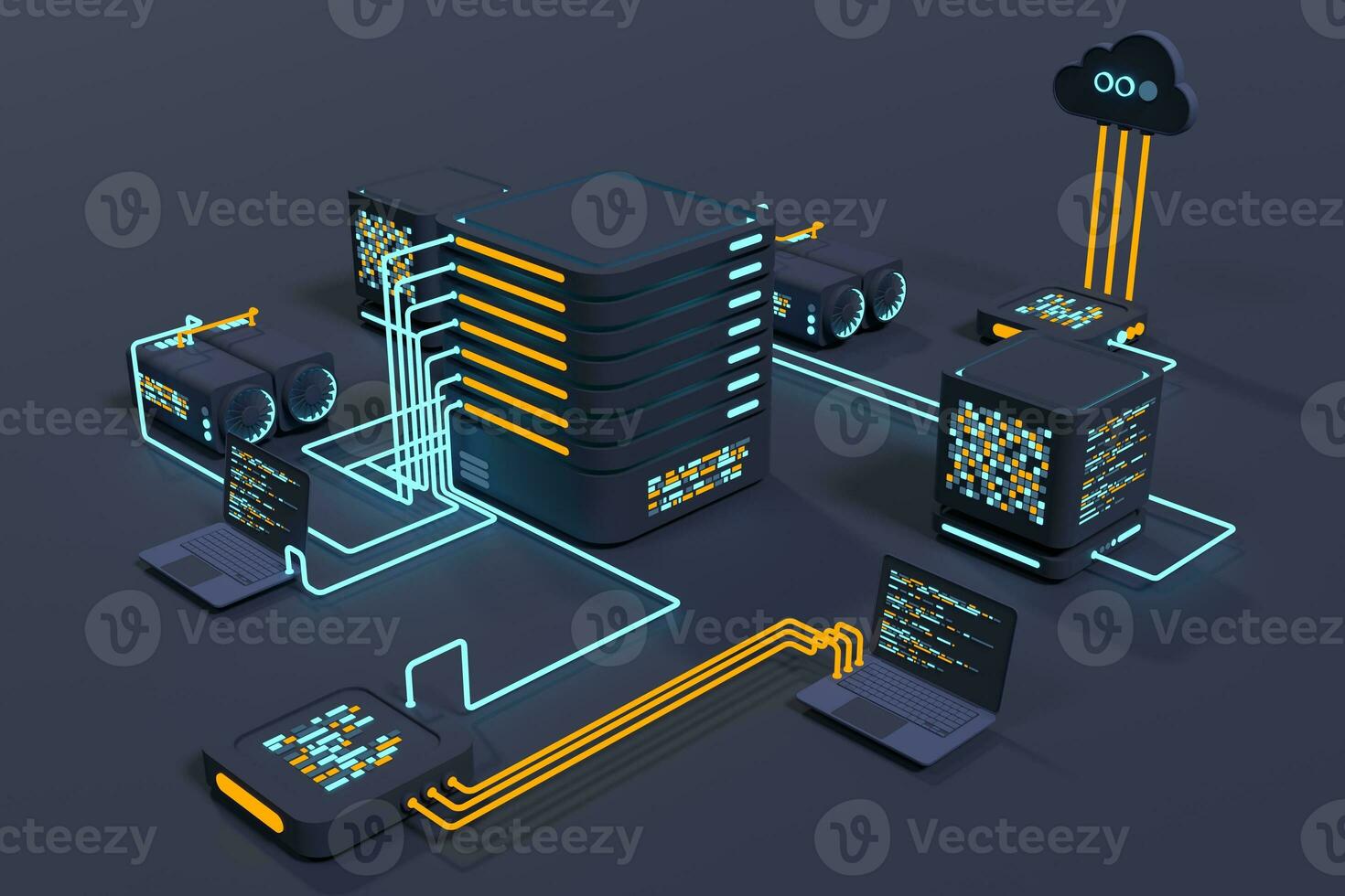 Computer technology 3D illustration. Computation of big data center. Cloud computing. Online devices upload and download information. Modern 3D illustration. 3D rendering photo