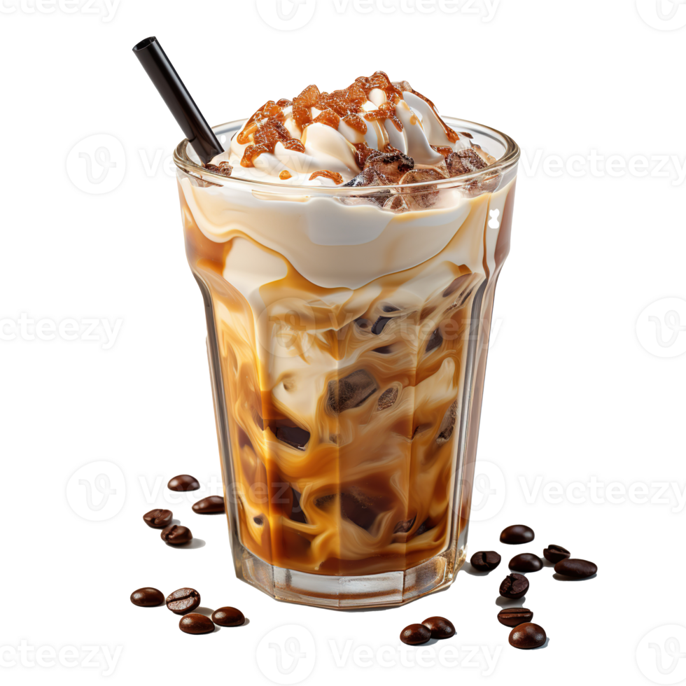 Iced Latte Coffee, A Refreshing Cold Beverage Isolated on a Crystal-Clear Transparent Background, Perfectly Combined with Ice Cubes, Milk, and a Sipper Straw, Ai generative png