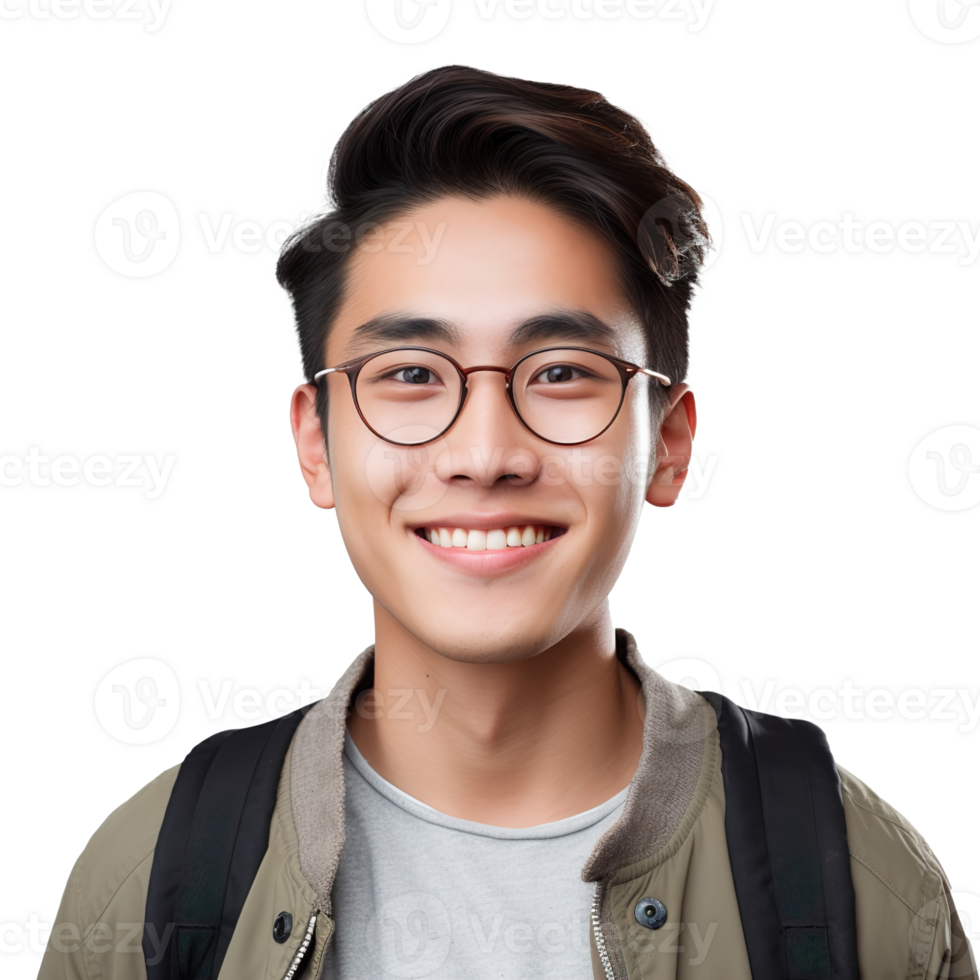 Close-Up of a Smiling Asian Male University Student, Isolated on a Transparent Background,  Celebrating Academic Success and Confidence, Boy Life, Ai generative png