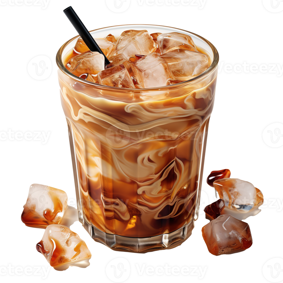 Iced Latte Coffee, A Refreshing Cold Beverage Isolated on a Crystal-Clear Transparent Background, Perfectly Combined with Ice Cubes, Milk, and a Sipper Straw, Ai generative png