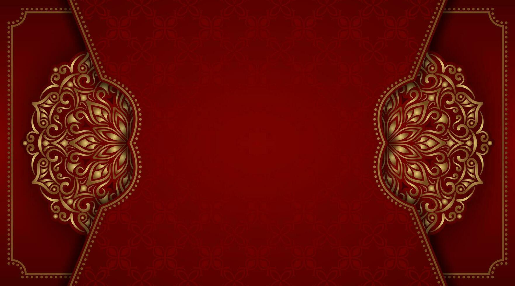 ornamental rojo fondo, con oro mandala decoración vector