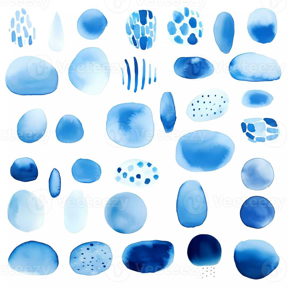 AI Generated Collection of hand drawn shapes with blue watercolor drawings, splotches, abstract design elements photo