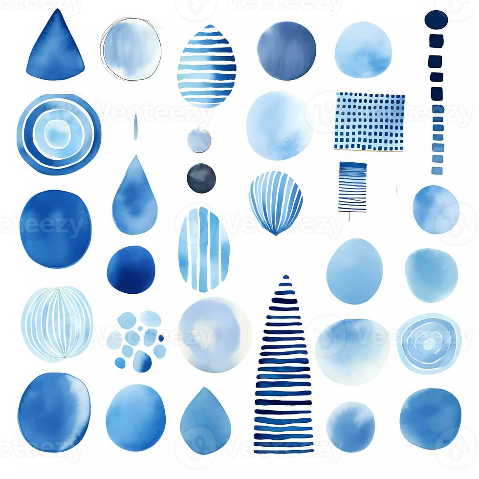 AI Generated Collection of hand drawn shapes with blue watercolor drawings, splotches, abstract design elements photo