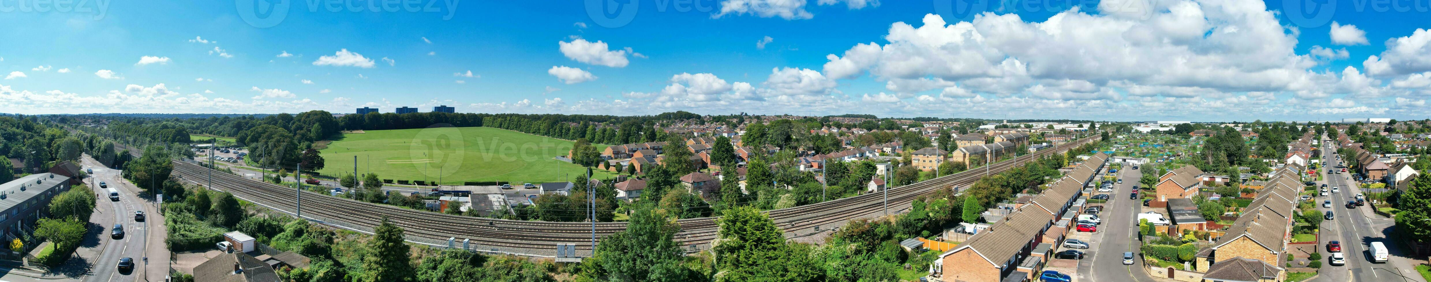 Aerial Wide Angle Panoramic View of North Luton City Residential Estate of England Great Britain UK. The High Angle Footage Was Captured with Drone's Camera on August 15th, 2023 photo