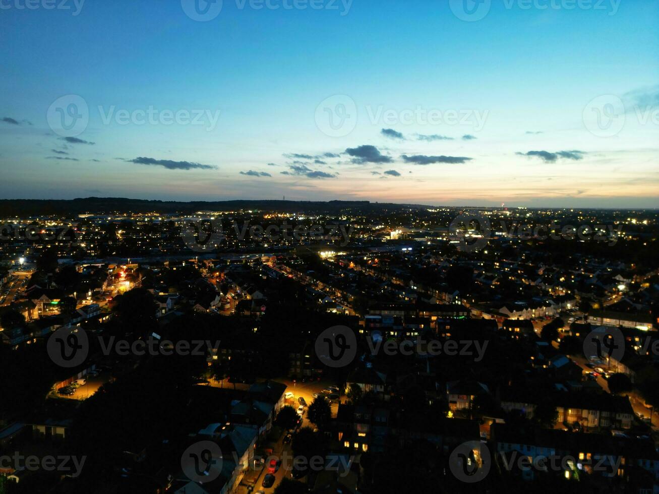 Aerial View of Illuminated Residential District of Luton City of England photo