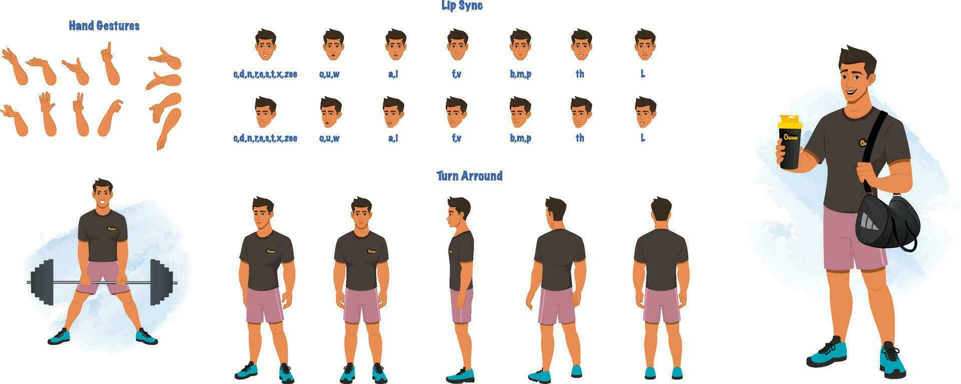 A coach model sheet. creation set. Male trainer turnaround sheet, hand gestures, lip sync vector