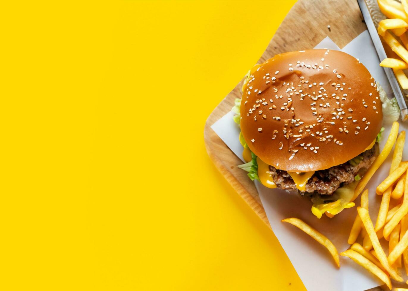 AI Generated burger and french fries with yellow background photo