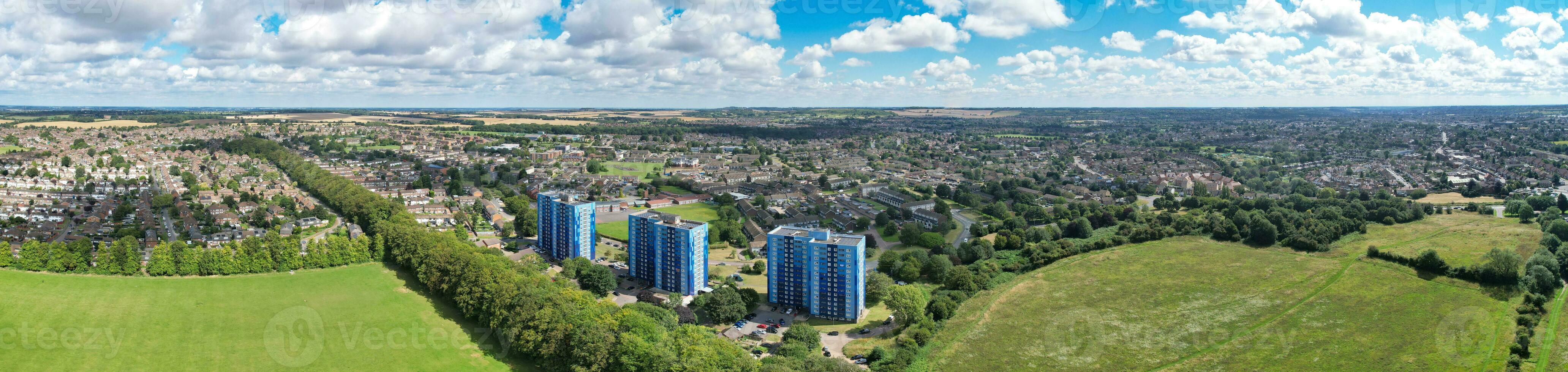 Aerial Wide Angle Panoramic View of North Luton City Residential Estate of England Great Britain UK. The High Angle Footage Was Captured with Drone's Camera on August 15th, 2023 photo