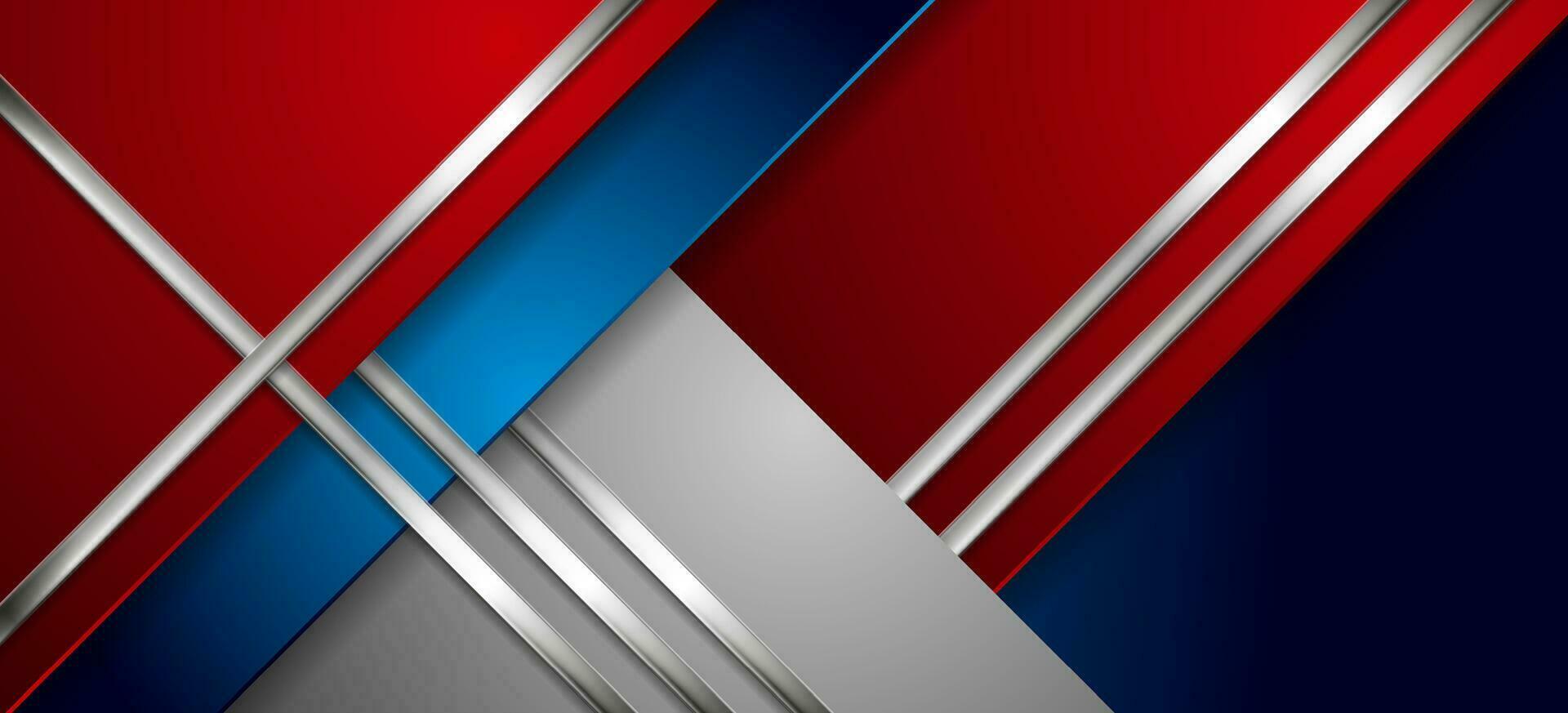 Red and blue abstract geometric background with metallic stripes vector