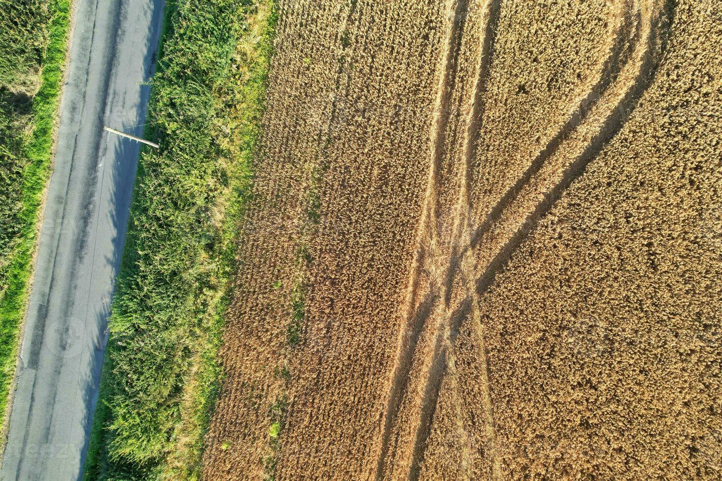 alto ángulo imágenes de británico agrícola granjas a campo paisaje cerca lutón ciudad de Inglaterra genial Bretaña de Reino Unido. imágenes estaba capturado con drones cámara en agosto 19, 2023 foto