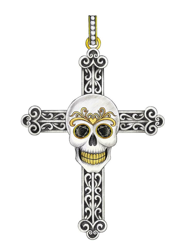 Jewelry design art vintage mix fancy skull cross pendant hand drawing and painting make graphic vector. vector