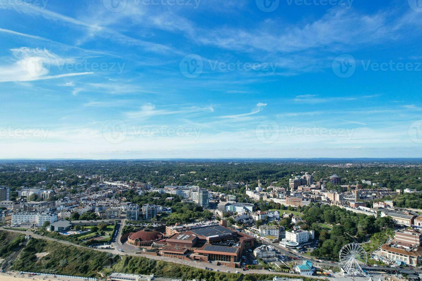 Ariel Footage of Attractive Tourist Destination at Bournemouth City Sandy Beach and Ocean of England Great Britain, Aerial Footage Captured with Drone's Camera on August 23rd, 2023 During sunny Day. photo