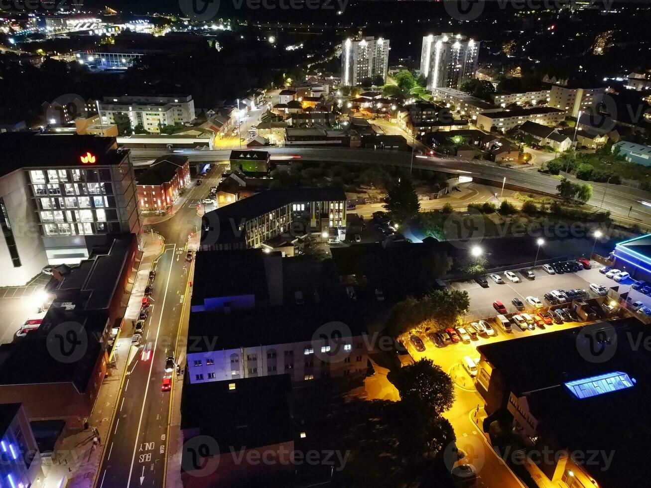 Aerial View of Illuminated Luton City of England UK after Sunset During Night of Summer. Image Was Captured with Drone's Camera on Sep 1st, 2023 photo