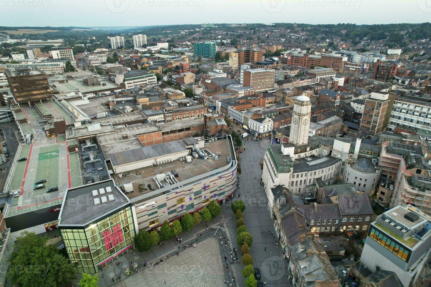 Aerial View of Illuminated Downtown Buildings, Roads and Central Luton City of England UK at Beginning of Clear Weather Night of September 5th, 2023 photo