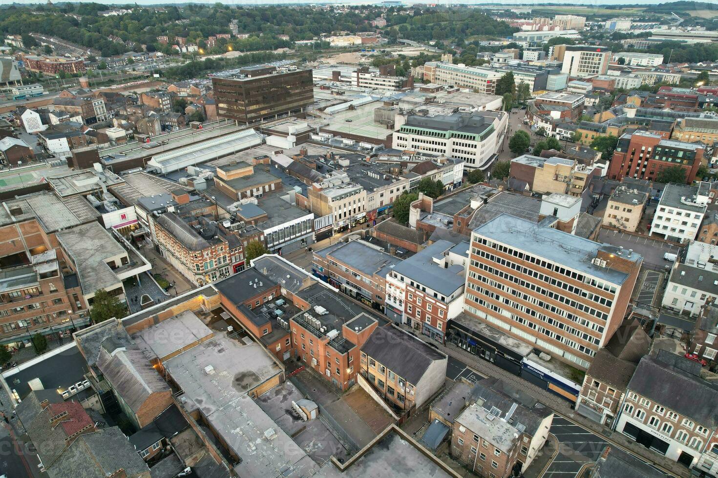 Aerial View of Illuminated Downtown Buildings, Roads and Central Luton City of England UK at Beginning of Clear Weather Night of September 5th, 2023 photo