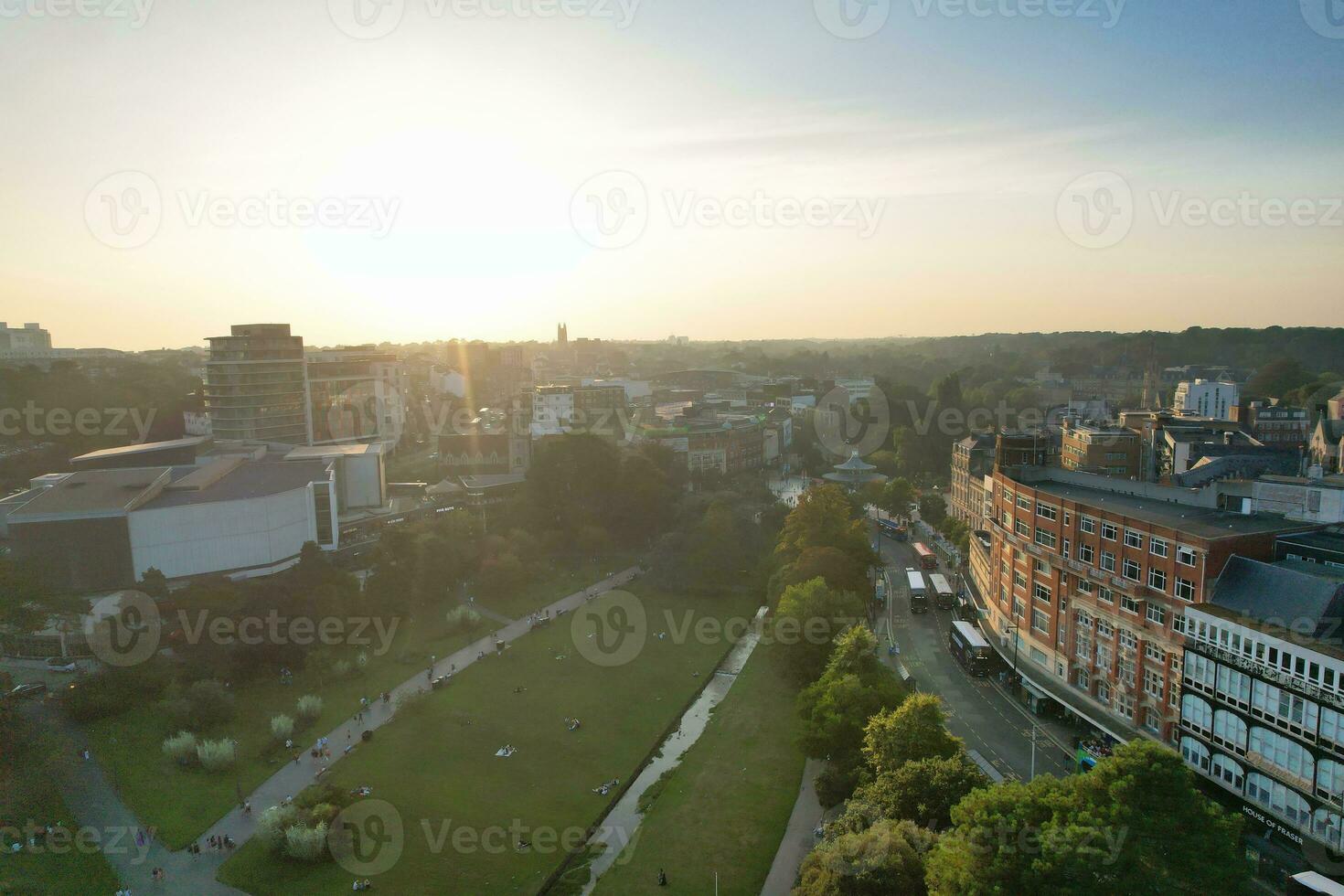 Aerial View of British Tourist Attraction of Bournemouth Beach and Sea view City of England Great Britain UK. Image Captured with Drone's Camera on September 9th, 2023 During Sunset photo