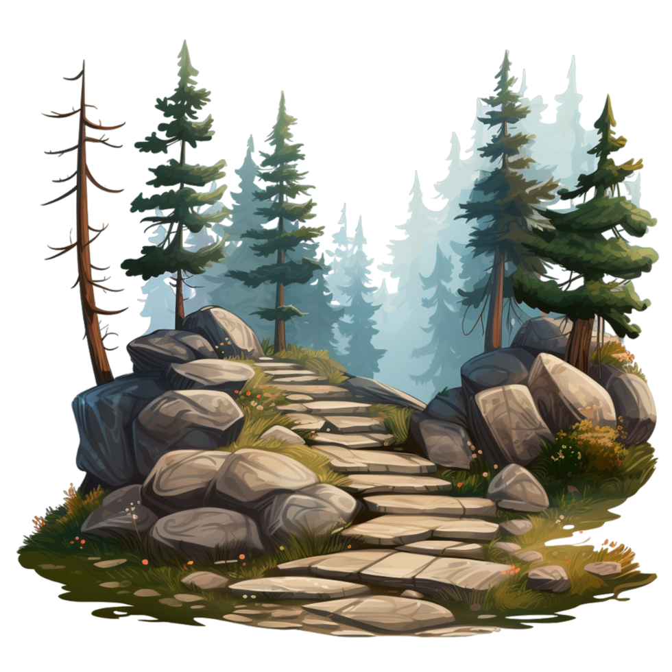 Path between rocks and fir trees ai generative png