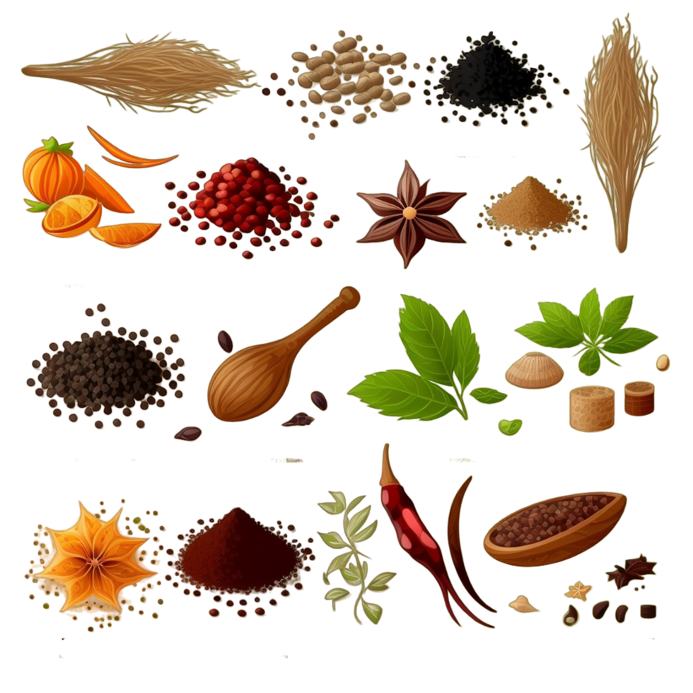 Different types of spices seeds berries icon sets ai generative png