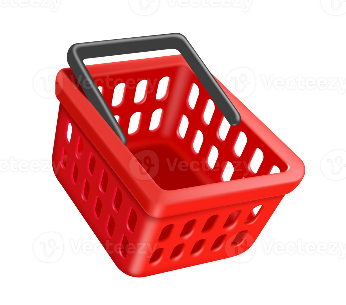 red basket black handle side view on transparent background, PNG for advertising design