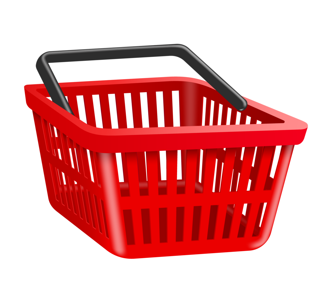 red basket black handle side view on transparent background, PNG for advertising design