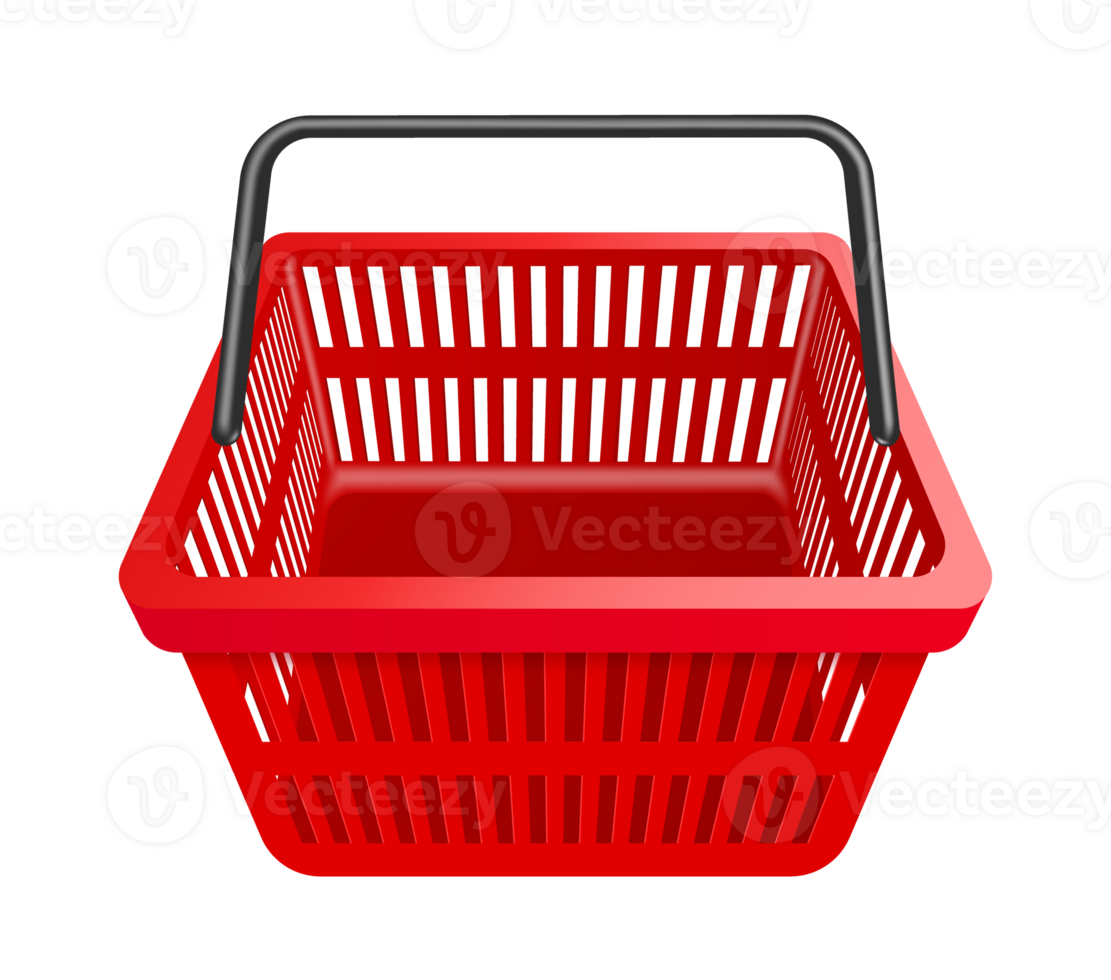 red basket black handle front view on transparent background, PNG for advertising design
