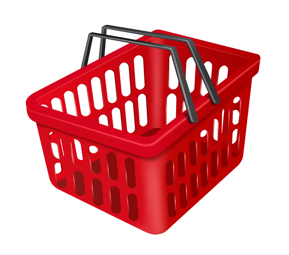 red basket black handle side view on transparent background, PNG for