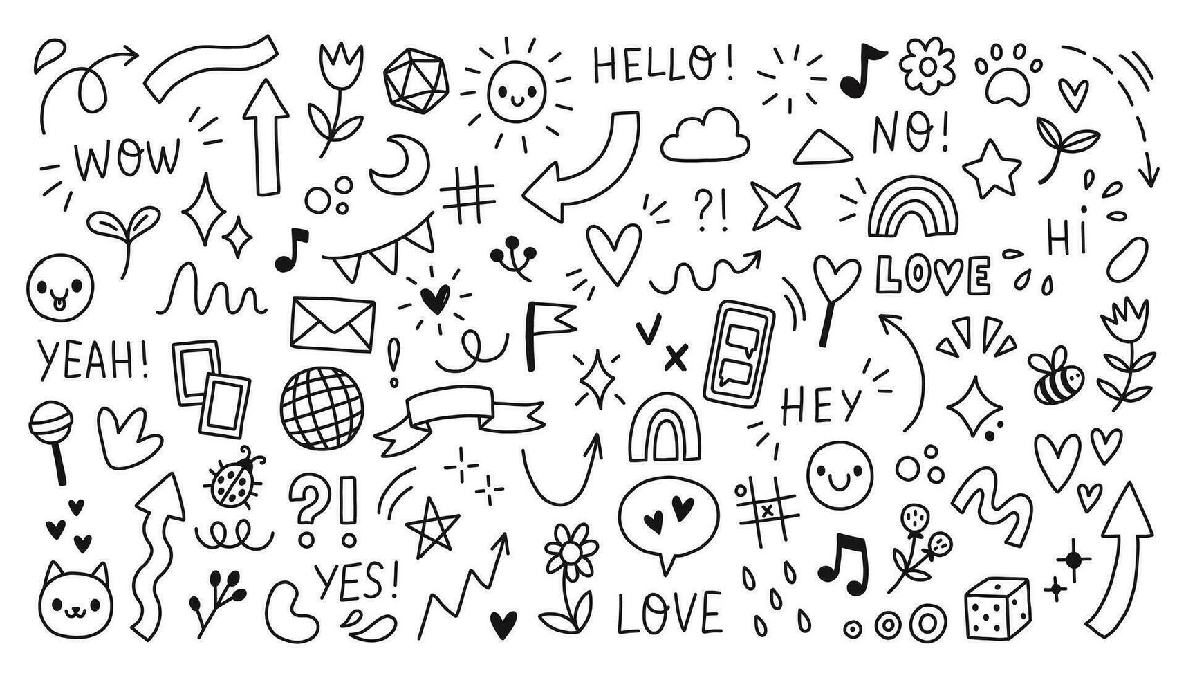 Doodle cute pen line elements set.  Doodle heart, arrow, star, sparkle decoration symbol set icon. Simple sketch line style. Vector illustration