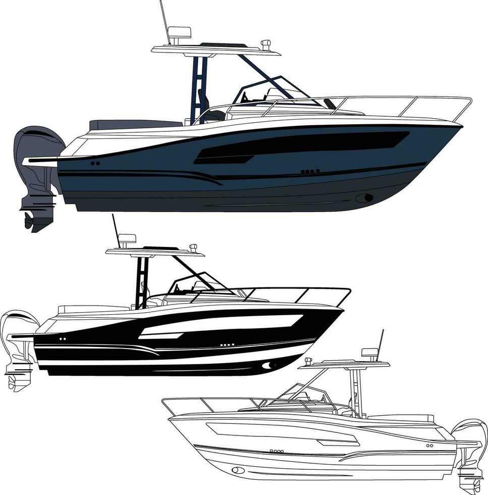 Boat vector, fishing boat vector, motor boat vector line art illustration