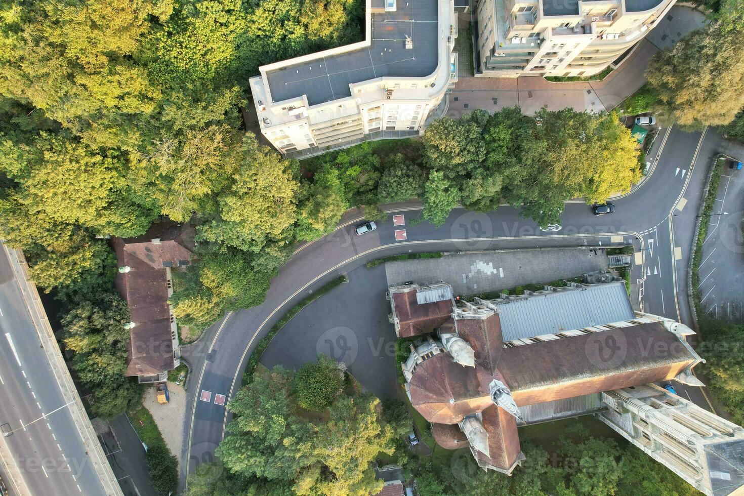 Aerial View of British Tourist Attraction of Bournemouth Beach and Sea view City of England Great Britain UK. Image Captured with Drone's Camera on September 9th, 2023 During Sunset photo