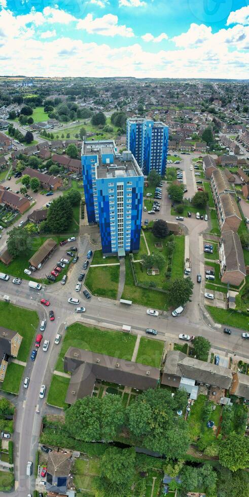 Aerial Vertical Panoramic View of North Luton City Residential Estate of England Great Britain UK. The High Angle Footage Was Captured with Drone's Camera on August 15th, 2023 photo