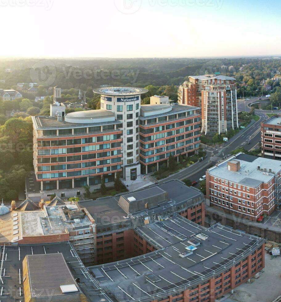 Vertical Aerial Panoramic of British Tourist Attraction at Sea View of Bournemouth City of England Great Britain UK. High Angle Image Captured with Drone's Camera on September 9th, 2023 During Sunset photo