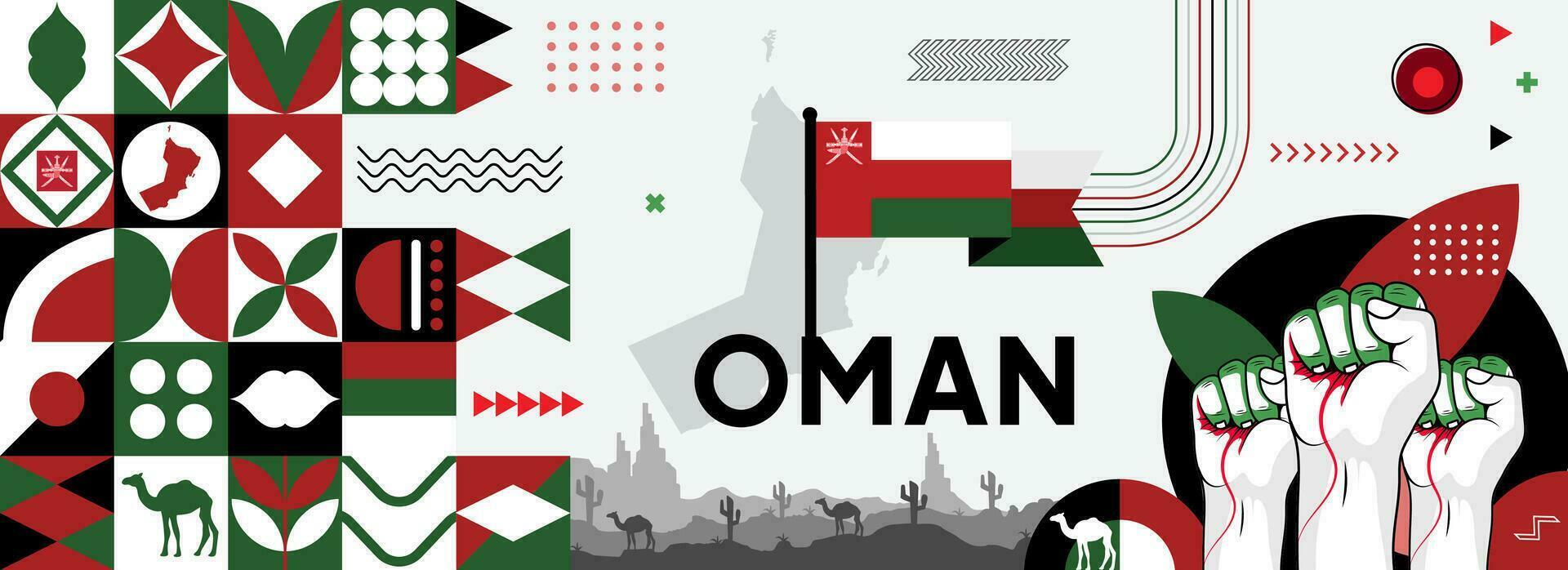 Oman National or Independence Day abstract banner design with flag and map. Flag color theme geometric pattern retro modern Illustration design. vector