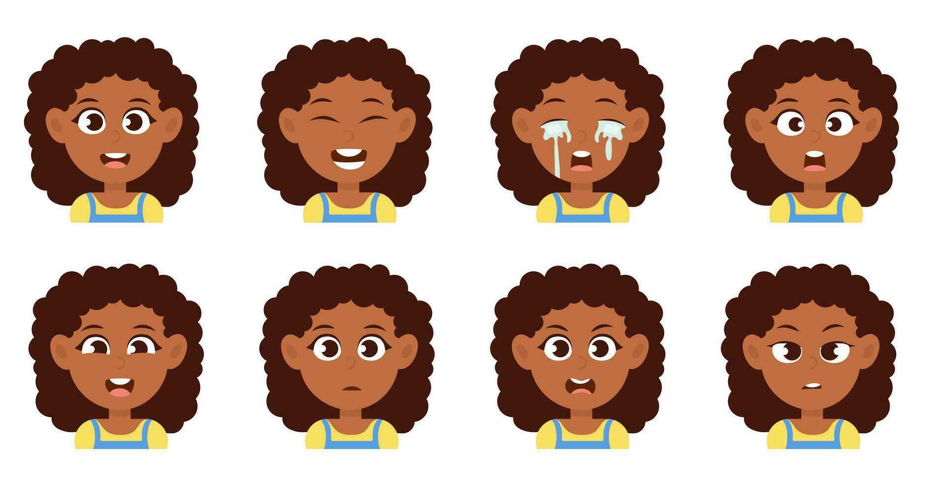 Dark skin cute little girl avatar with different facial expression vector